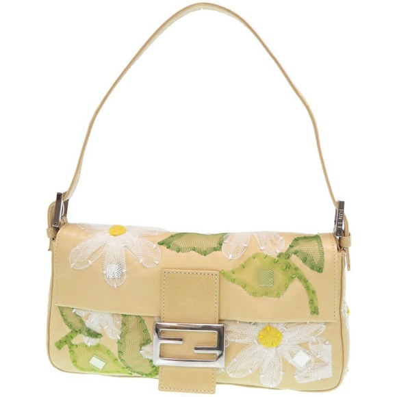 Fendi Mamma Bucket Shoulder Bag Nappa Flower Embroidery Yellow - Picture 2 of 10